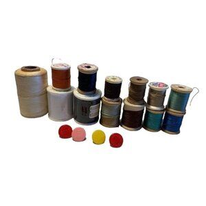 Wood Sewing Thread Spools & Dritz Caps Multicolor Set Perfect Crafts Vintage